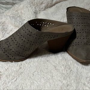 Grey backless mule boots with heel size 9